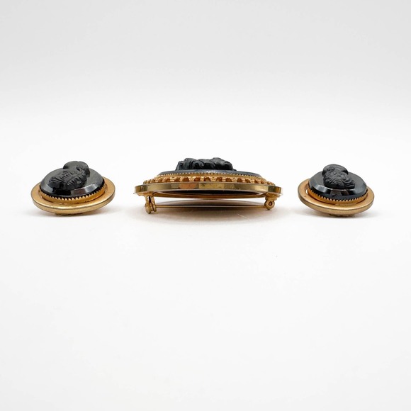 Vintage Hematite Cameo Intaglio Brooch And Clip On Earrings Set W German Style - Picture 12 of 13